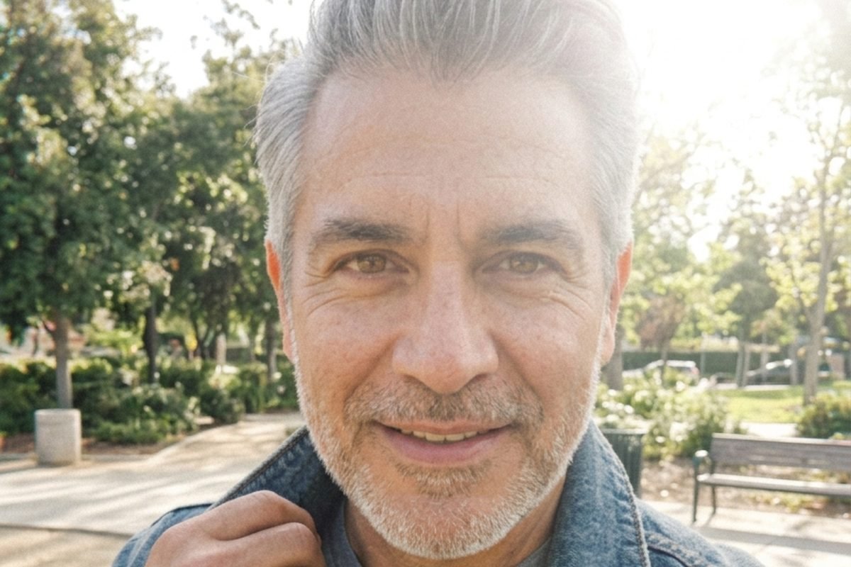 Homem de cabelo grisalho e jaqueta jeans sorrindo num parque